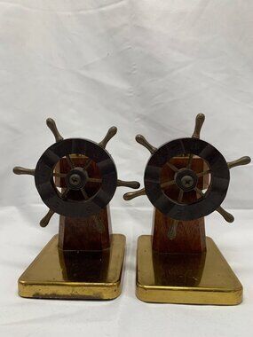 Vintage Pilot Wheel Bookends Brass Base Wood & Bakelite Nautical Décor
